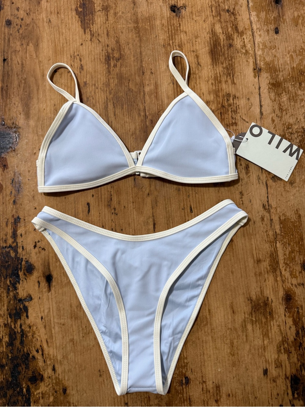 Minimal Ribbed Triangle Bikini in Pale Blue with Cream Trim